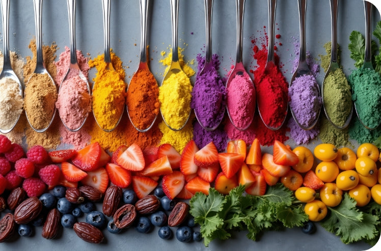 image of spoons with colorful powders on them above some colorful fruits depicting how bright colors can come from natural sources. 
