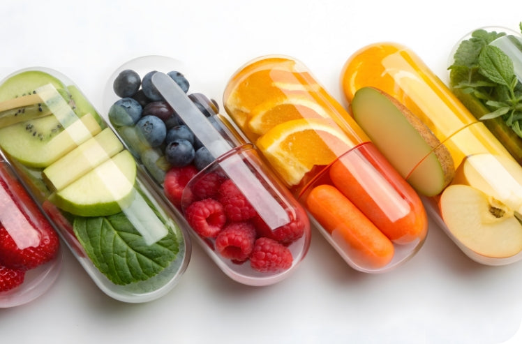 ai image of fruits and vegetables encapsulated to depict sources of vitamins and minerals.